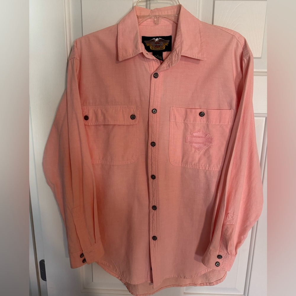 Harley-Davidson Salmon Button Down Shirt; Med; Great Condition! 🧡🖤